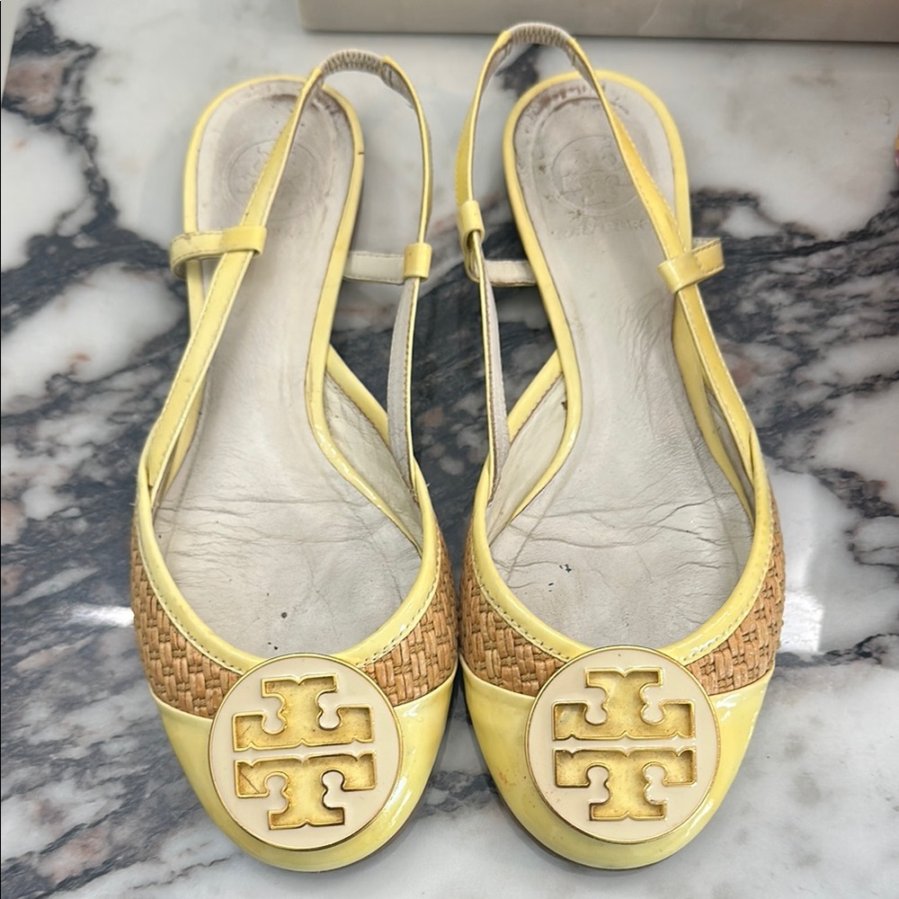RARE Tory Burch Yellow patent leather + wicker flats